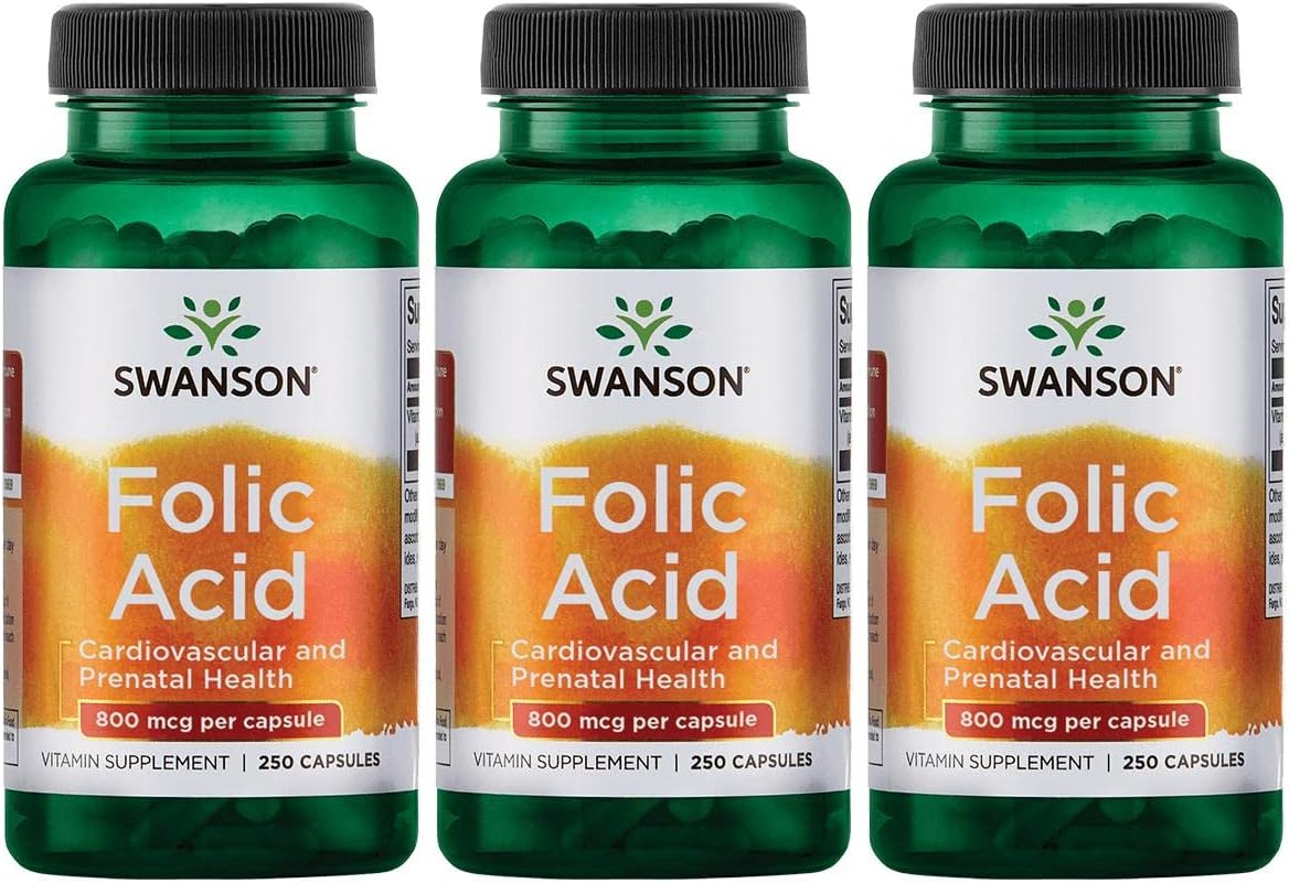 Swanson Folic Acid 800 mcg - 250 Capsules, Pack of 3 - High Potency Folate Supplement