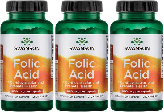 Swanson Folic Acid 800 mcg - 250 Capsules, Pack of 3 - High Potency Folate Supplement