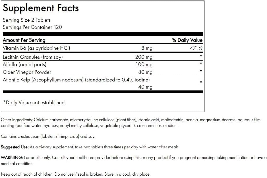 Swanson Lecithin Kelp B-6 & Cider Vinegar Tablets - 240 Count Bottle