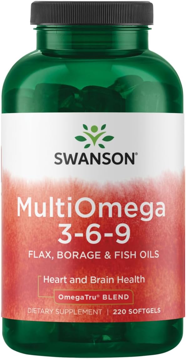 Swanson MultiOmega 3-6-9 Softgels - Non-GMO Flax, Borage, & Fish Oil Capsules - Cardiovascular & Brain Health Support - 220 Softgels, 2400mg