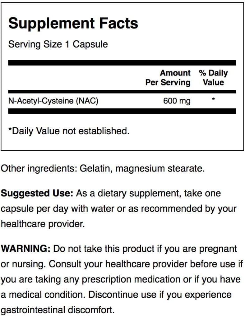 Swanson NAC N-Acetyl Cysteine Capsules - 600 mg, 100 Count (Pack of 2) - Antioxidant & Cellular Health Support