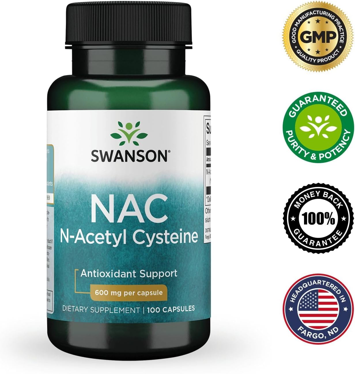 Swanson NAC N-Acetyl Cysteine Capsules - 600 mg, 100 Count (Pack of 2) - Antioxidant & Cellular Health Support
