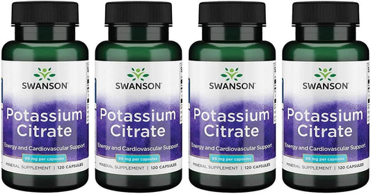 Swanson Potassium Citrate Capsules - Heart Health & Energy Support - Natural Mineral Supplement for Nerve & Kidney Function - 120 Capsules x 4 Pack