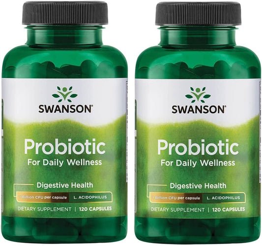 Swanson Probiotic Capsules - Natural Digestive Health Supplement with 1 Billion CFU - Supports Bowel Regularity & Daily Wellness - 2 Pack of 120 Capsules