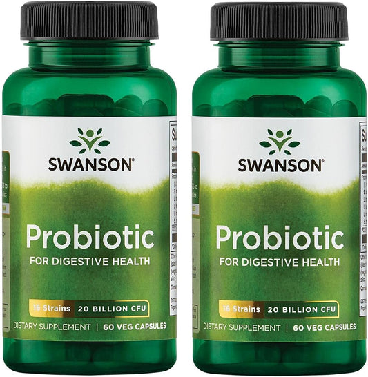 Swanson Probiotic Capsules with Prebiotic FOS for Digestive & Immune Health - 2 Pack of 60 Veggie Caps - 20 Billion CFU