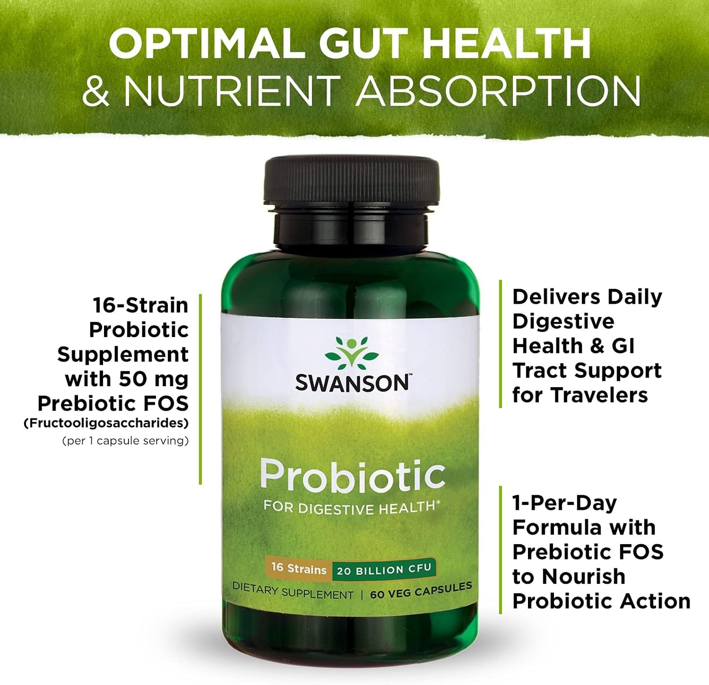 Swanson Probiotic Capsules with Prebiotic FOS for Digestive & Immune Health - 2 Pack of 60 Veggie Caps - 20 Billion CFU