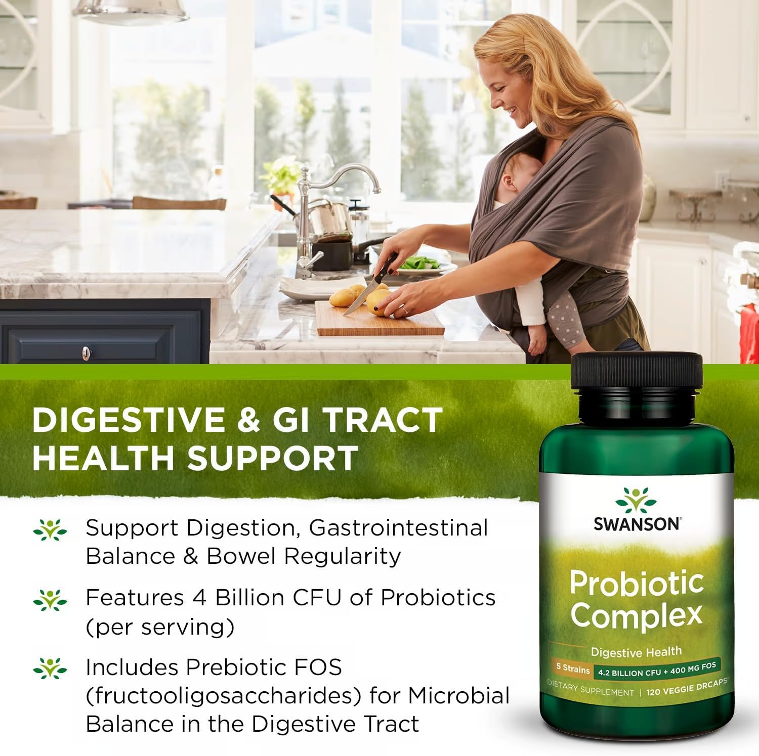 Swanson Probiotic Complex 4.2 Billion CFU 5-Strain Supplement for Digestive Health, Fat Metabolism, and Satiety - 120 Veggie DRcaps (2 Pack)