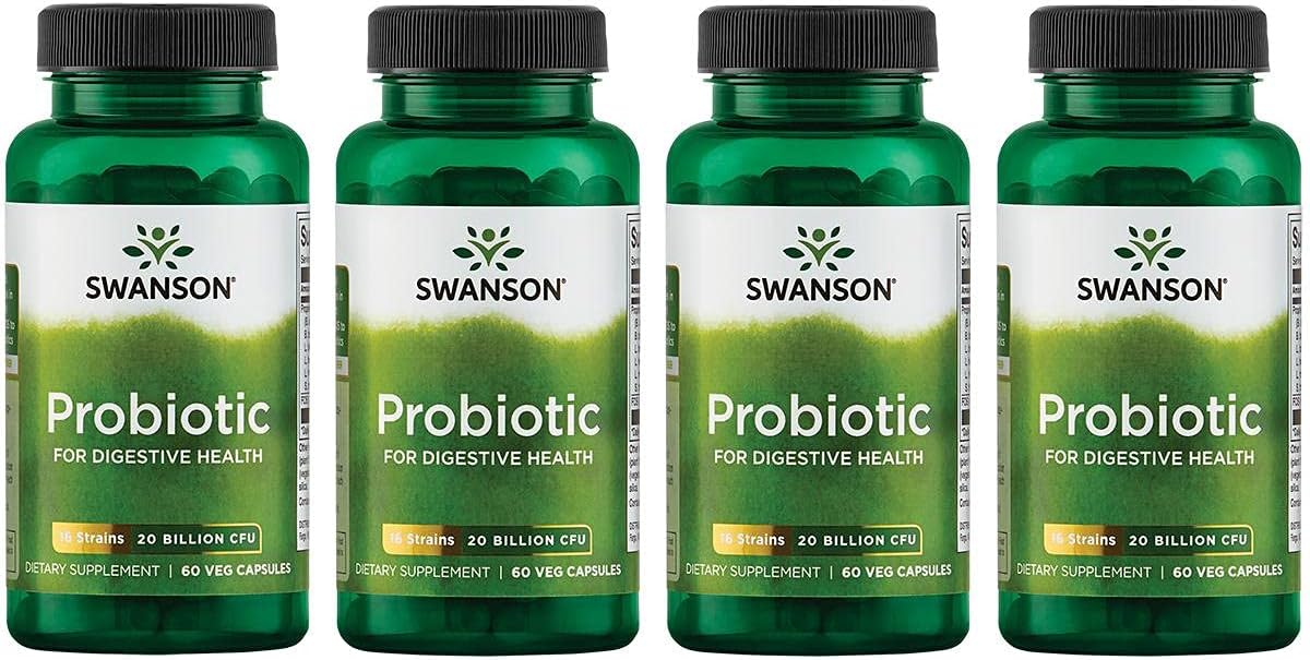 Swanson Probiotic Digestive Health Supplement 20 Billion CFU with Prebiotic FOS 60 Veggie Capsules - Pack of 4