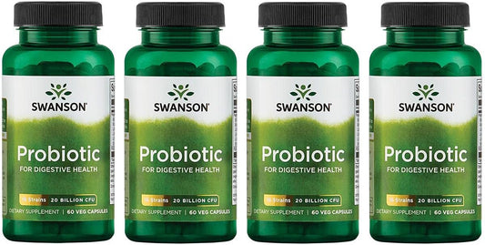 Swanson Probiotic Digestive Health Supplement 20 Billion CFU with Prebiotic FOS 60 Veggie Capsules - Pack of 4