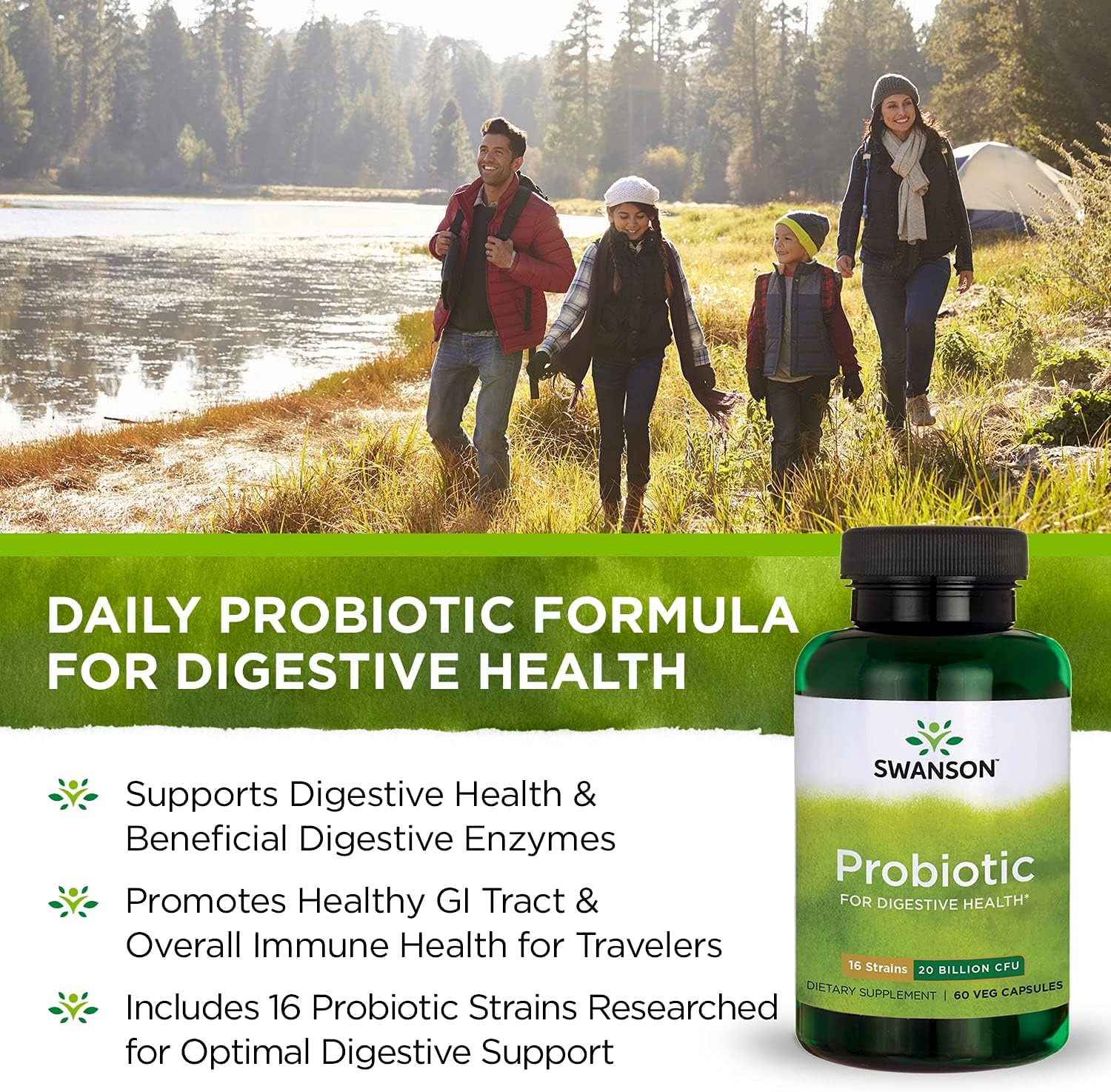 Swanson Probiotic Digestive Health Supplement 20 Billion CFU with Prebiotic FOS 60 Veggie Capsules - Pack of 4