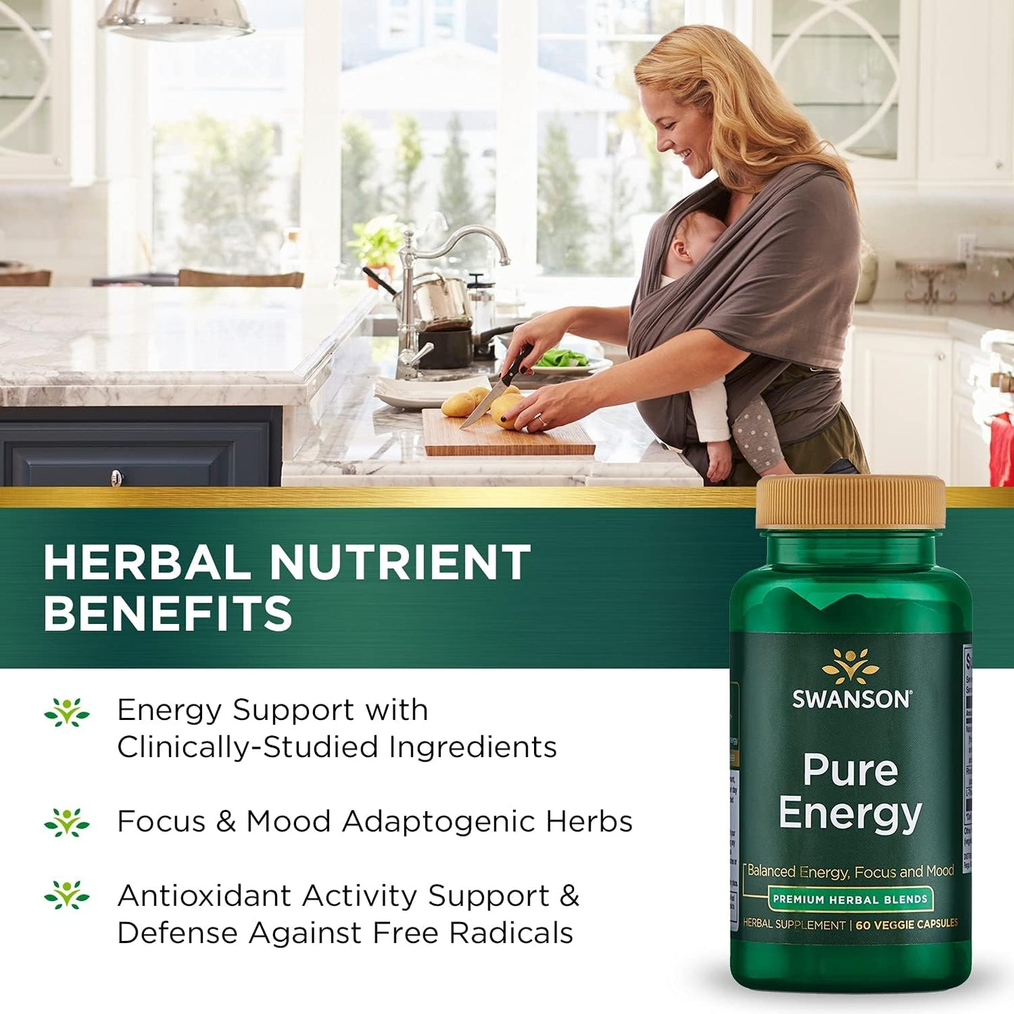 Swanson Pure Energy Herbal Supplement for Metabolism, Concentration, and Mood Support - 60 Vegan Capsules
