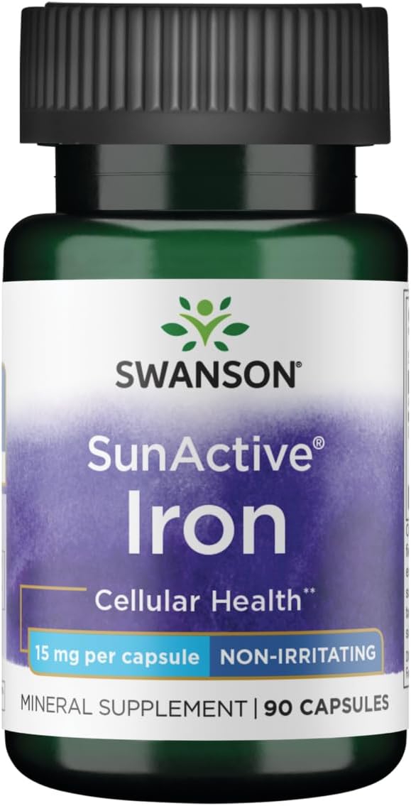 Swanson Sunactive Iron Supplement 15mg 90 Capsules - Gentle on Stomach - Non-Irritating Formula