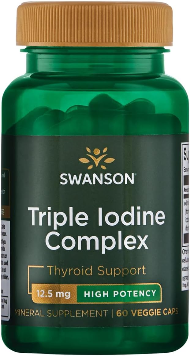 Swanson Triple Iodine Complex Supplement - Supports Thyroid Health, Metabolism, Red Blood Cell Production, & Heart Function - 60 Veggie Capsules, 12.5mg - 1 Pack