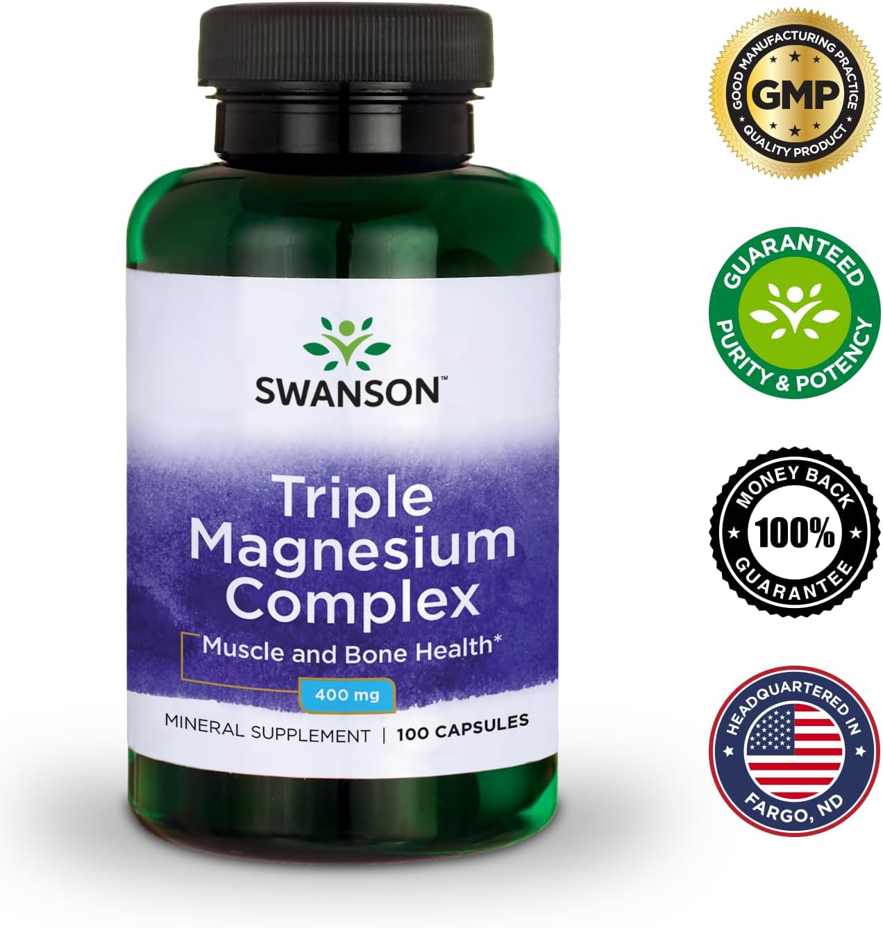 Swanson Triple Magnesium Complex Capsules - 100 Count, 400mg Magnesium per Capsule