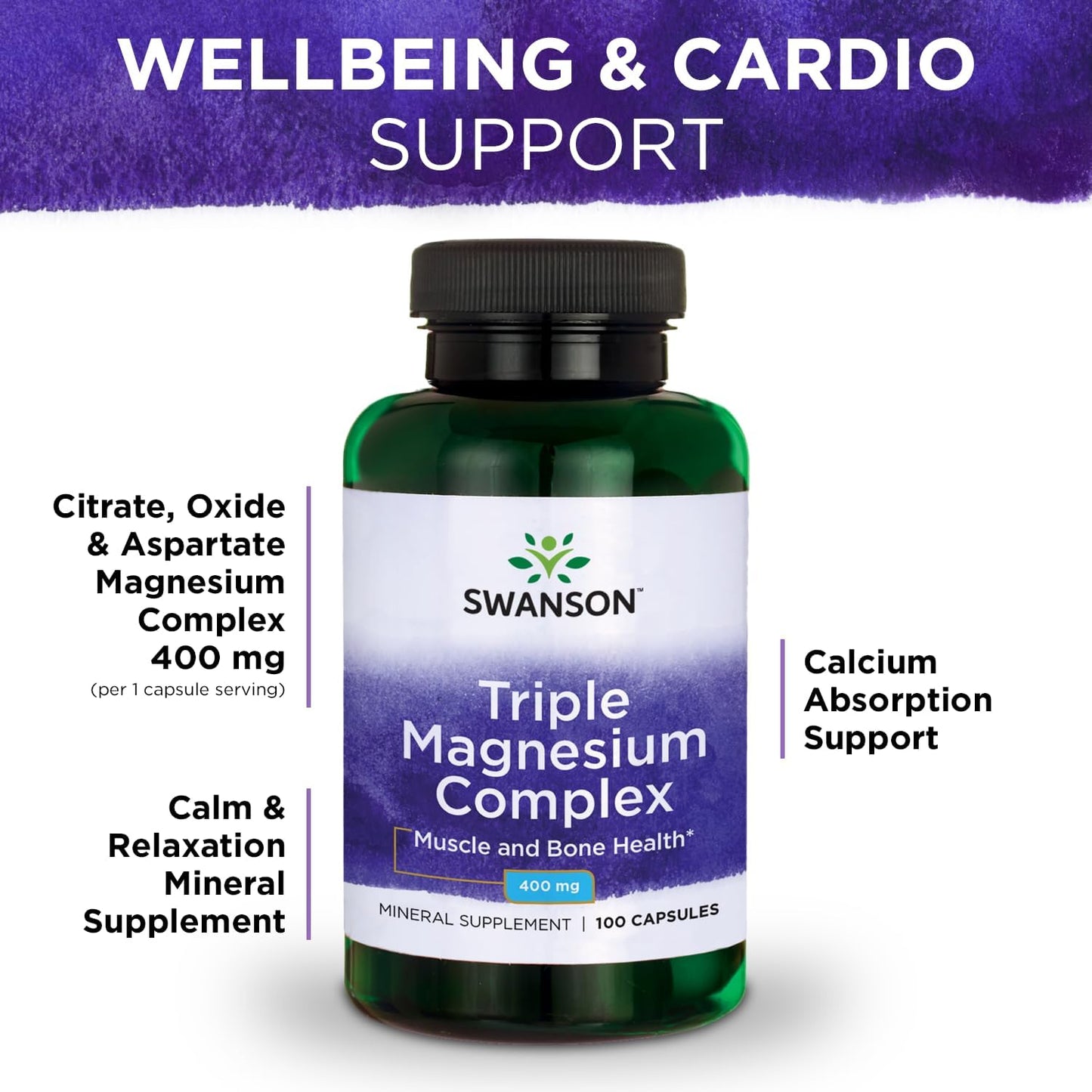 Swanson Triple Magnesium Complex Capsules - 100 Count, 400mg Magnesium per Capsule