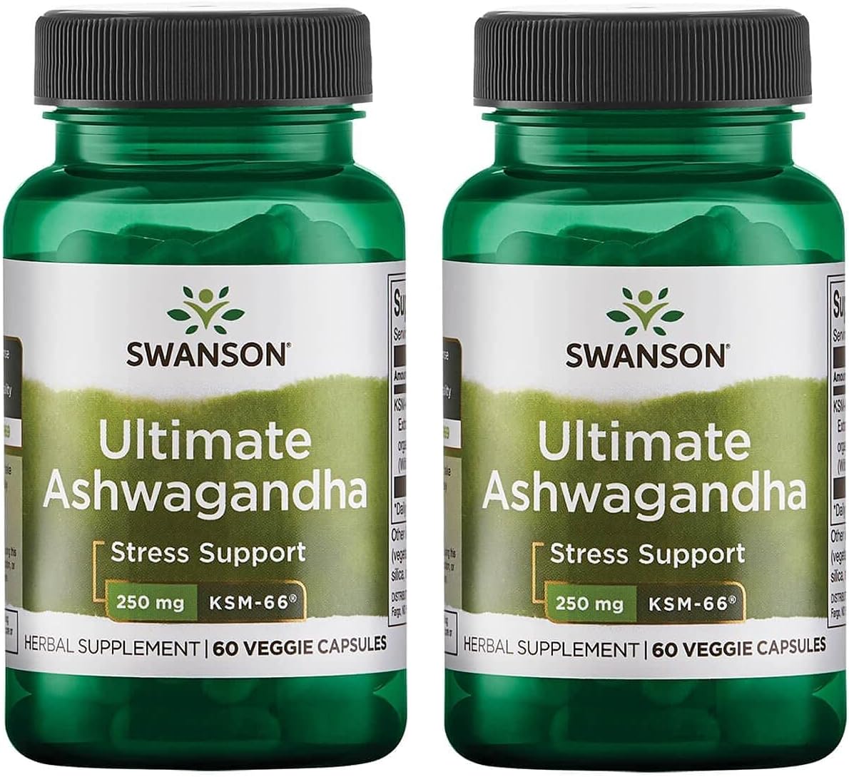 Swanson Ultimate Ashwagandha KSM-66 Herbal Supplement for Relaxation & Stress Support - 2 Pack of 60 Veggie Capsules, 250mg