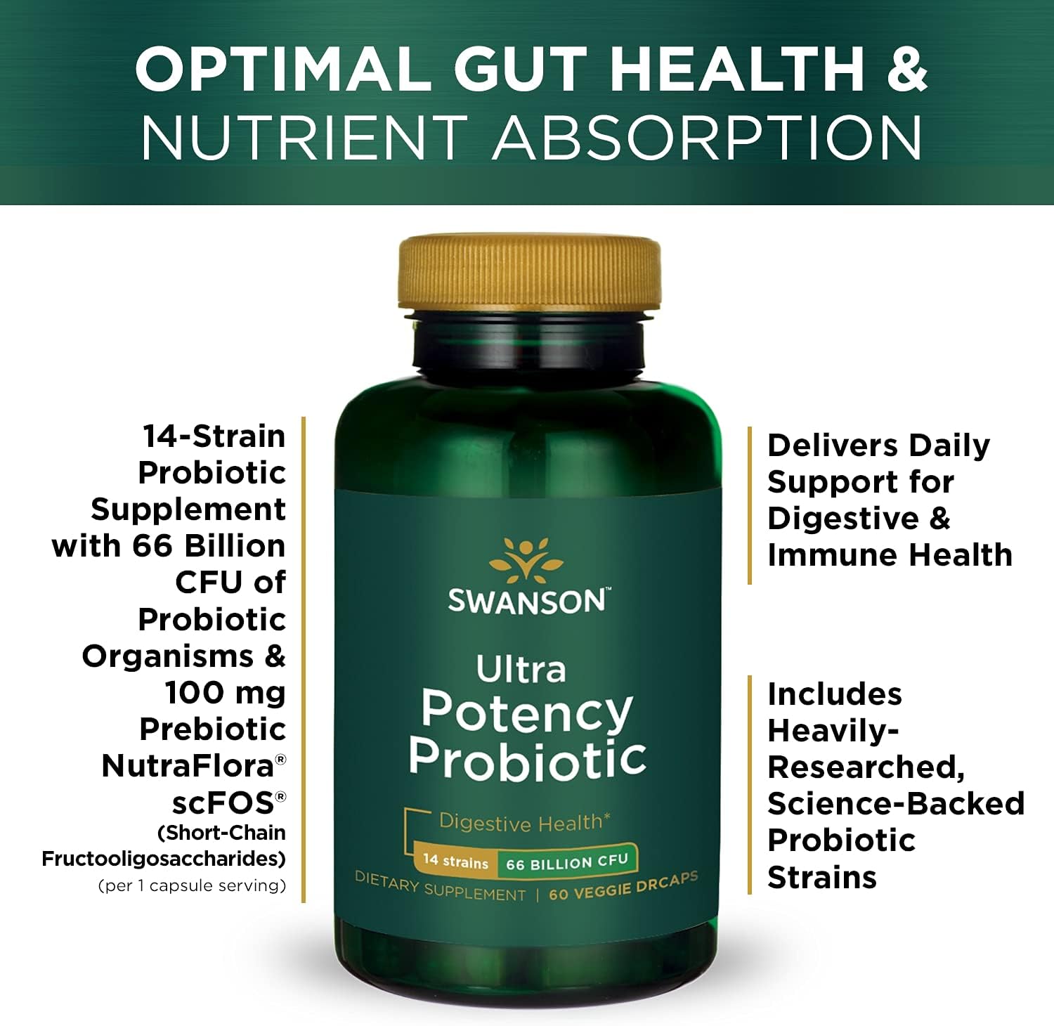 Swanson Ultra Probiotic with 66 Billion CFU for Digestive & Immune Health - 240 Veggie Capsules