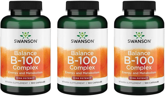 Swanson Vitamin B-100 Capsules - High Potency Energy & Metabolism Support Supplement - Heart, Brain, & Nervous Function Booster - 100 Count (Pack of 3)