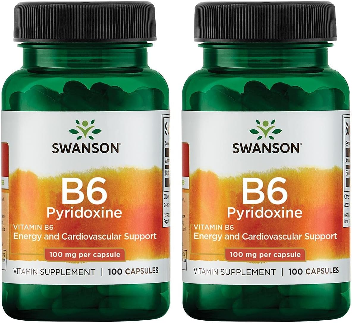 Swanson Vitamin B-6 Pyridoxine Capsules for Cardio Health & Energy Metabolism - 200 Capsules Total