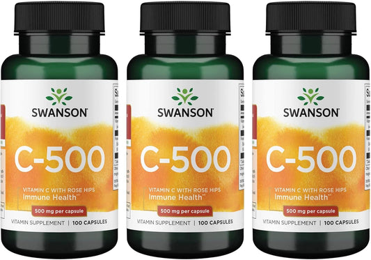 Swanson Vitamin C with Rose Hips Capsules 500mg - Immune System & Cardiovascular Support - Antioxidant Supplement - 100 Capsules (3 Pack)