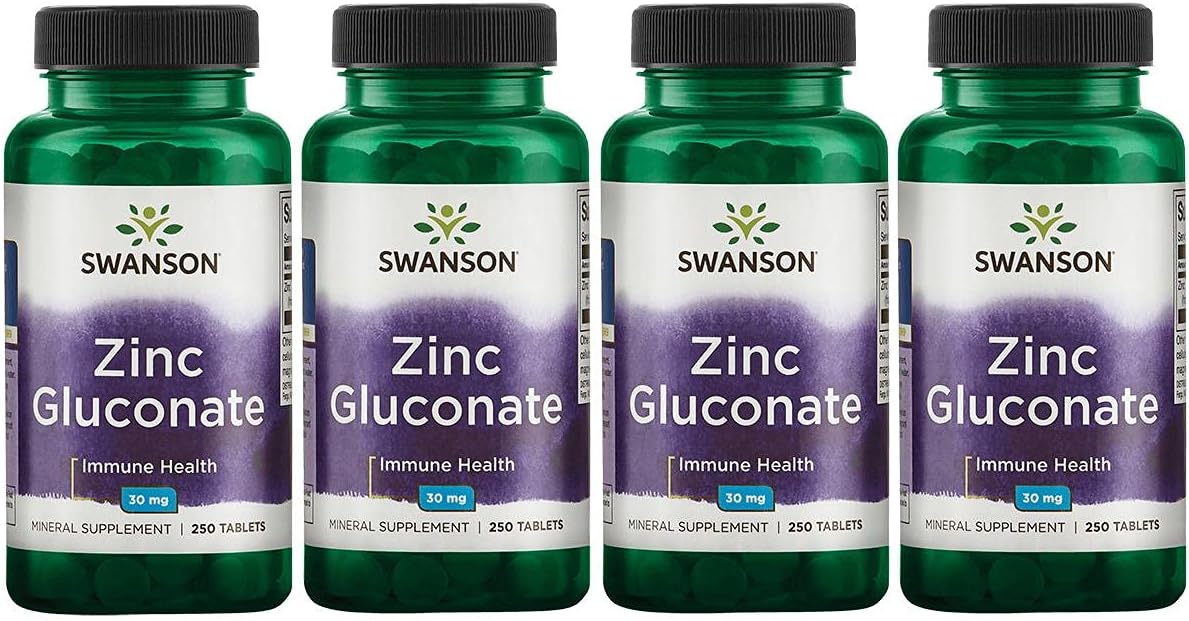 Swanson Zinc Gluconate Tablets - Mineral Supplement for Prostate, Vision, & Immune Health - Optimal Absorption - (250 Tablets x 30mg) 4 Pack