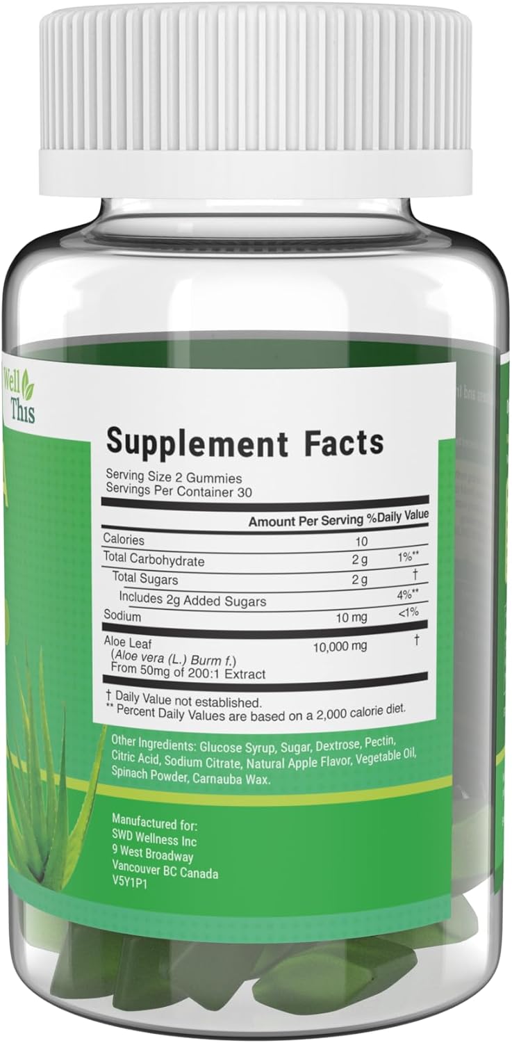 SWD Wellness Aloe Vera Gummies - 60 Count Dietary Supplement for Acid Reflux & Digestion - Convenient & Great Tasting Aloe Vera Gummy Bears