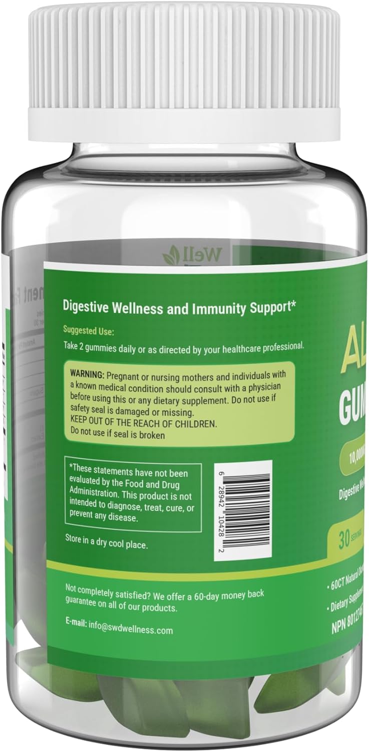 SWD Wellness Aloe Vera Gummies - 60 Count Dietary Supplement for Acid Reflux & Digestion - Convenient & Great Tasting Aloe Vera Gummy Bears