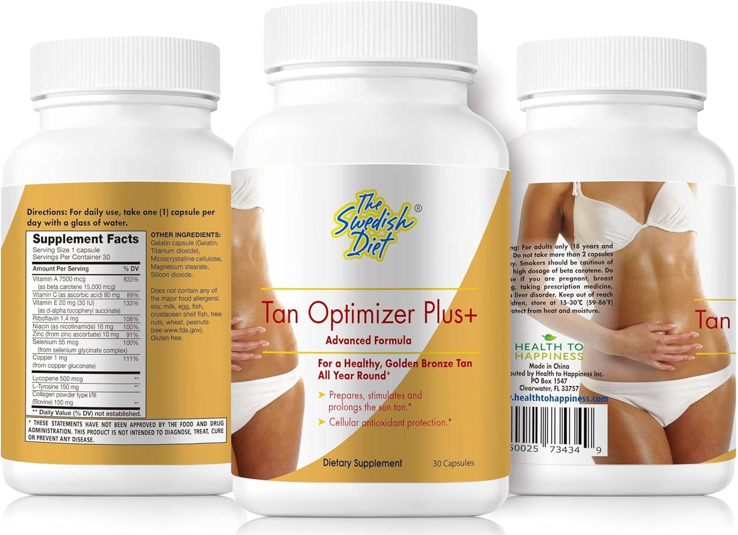 Swedish Diet Tan Optimizer Plus+ Supplement for Tanning and Skin Health with Beta Carotene, L-Tyrosine, Collagen, and Vitamins - Immune System Boost and Antioxidant Support - 30 Count