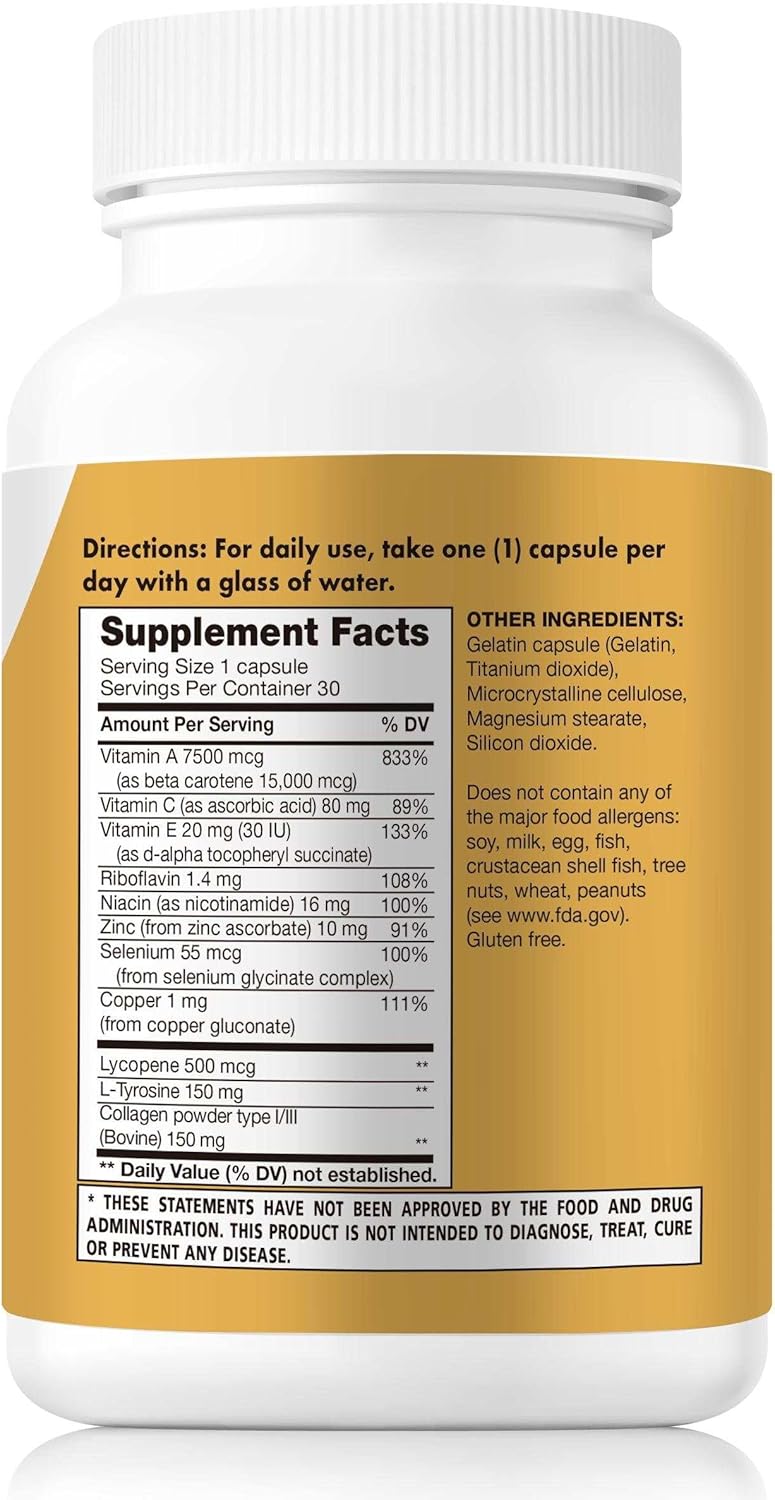Swedish Diet Tan Optimizer Plus+ Supplement for Tanning and Skin Health with Beta Carotene, L-Tyrosine, Collagen, and Vitamins - Immune System Boost and Antioxidant Support - 30 Count