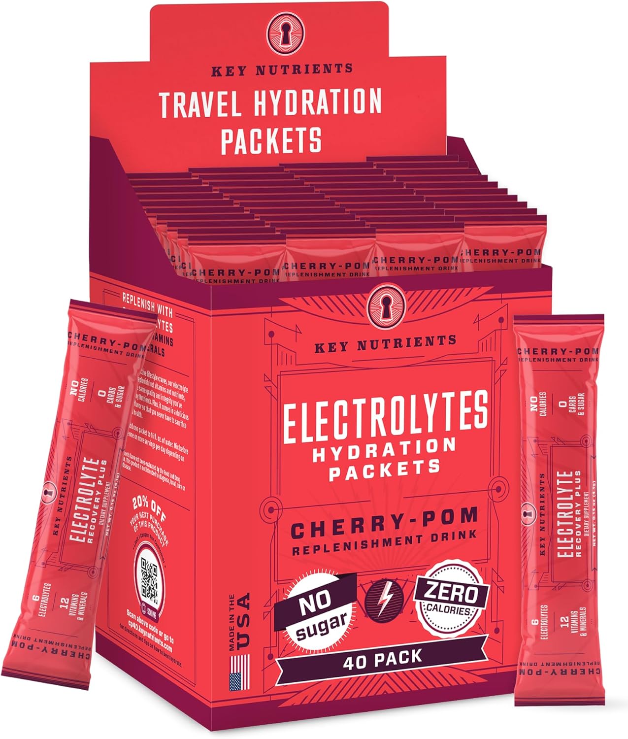 Sweet Cherry-Pom Multivitamin Electrolyte Powder - 40 Packets for Hydration on the Go - Sugar-Free, Gluten-Free - Made in USA