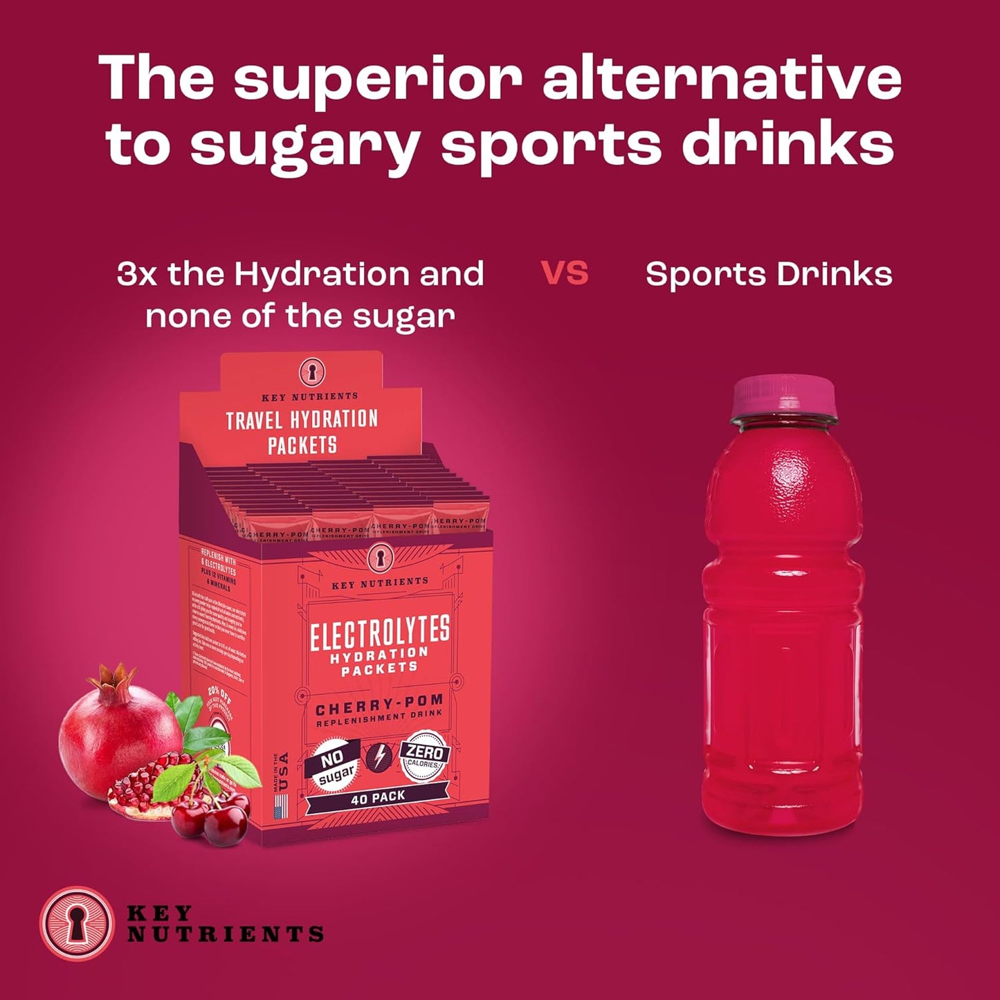 Sweet Cherry-Pom Multivitamin Electrolyte Powder - 40 Packets for Hydration on the Go - Sugar-Free, Gluten-Free - Made in USA