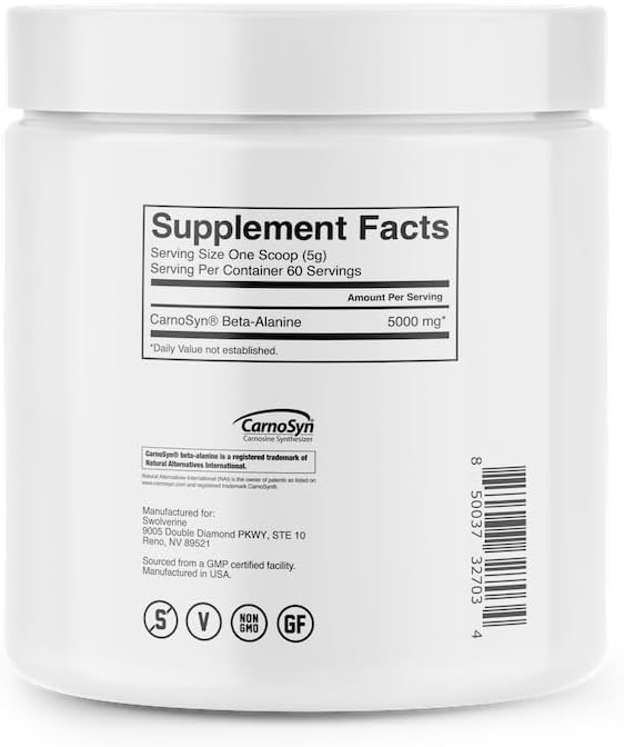 Swolverine Beta-Alanine Powder 300g - CarnoSyn Amino Acid for Muscular Endurance - Instant Release Unflavored Supplement with 5g Per Serving