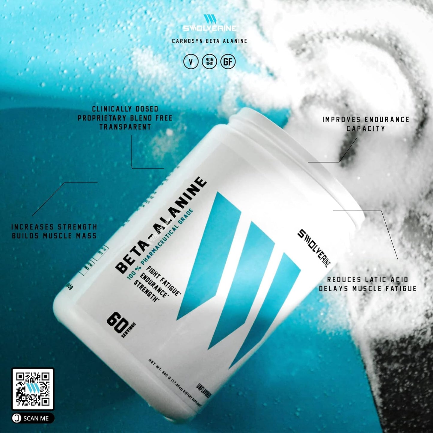 Swolverine Beta-Alanine Powder 300g - CarnoSyn Amino Acid for Muscular Endurance - Instant Release Unflavored Supplement with 5g Per Serving