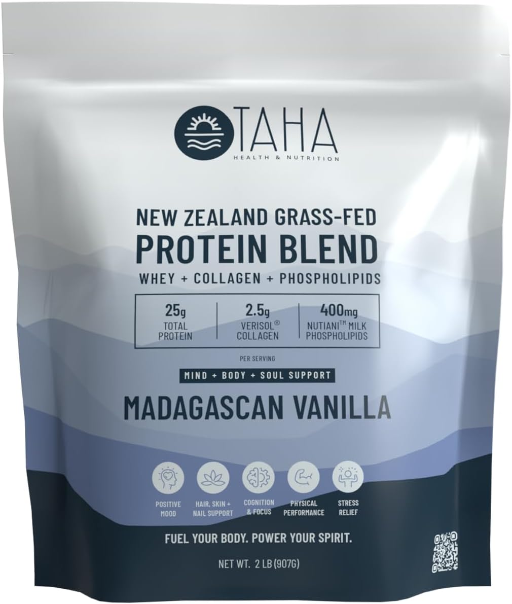 Taha Health & Nutrition Madagascar Vanilla Protein Blend - 25g Protein per Serve, Whey & Collagen, Milk Phospholipids - New Zealand Grass-Fed 2LB