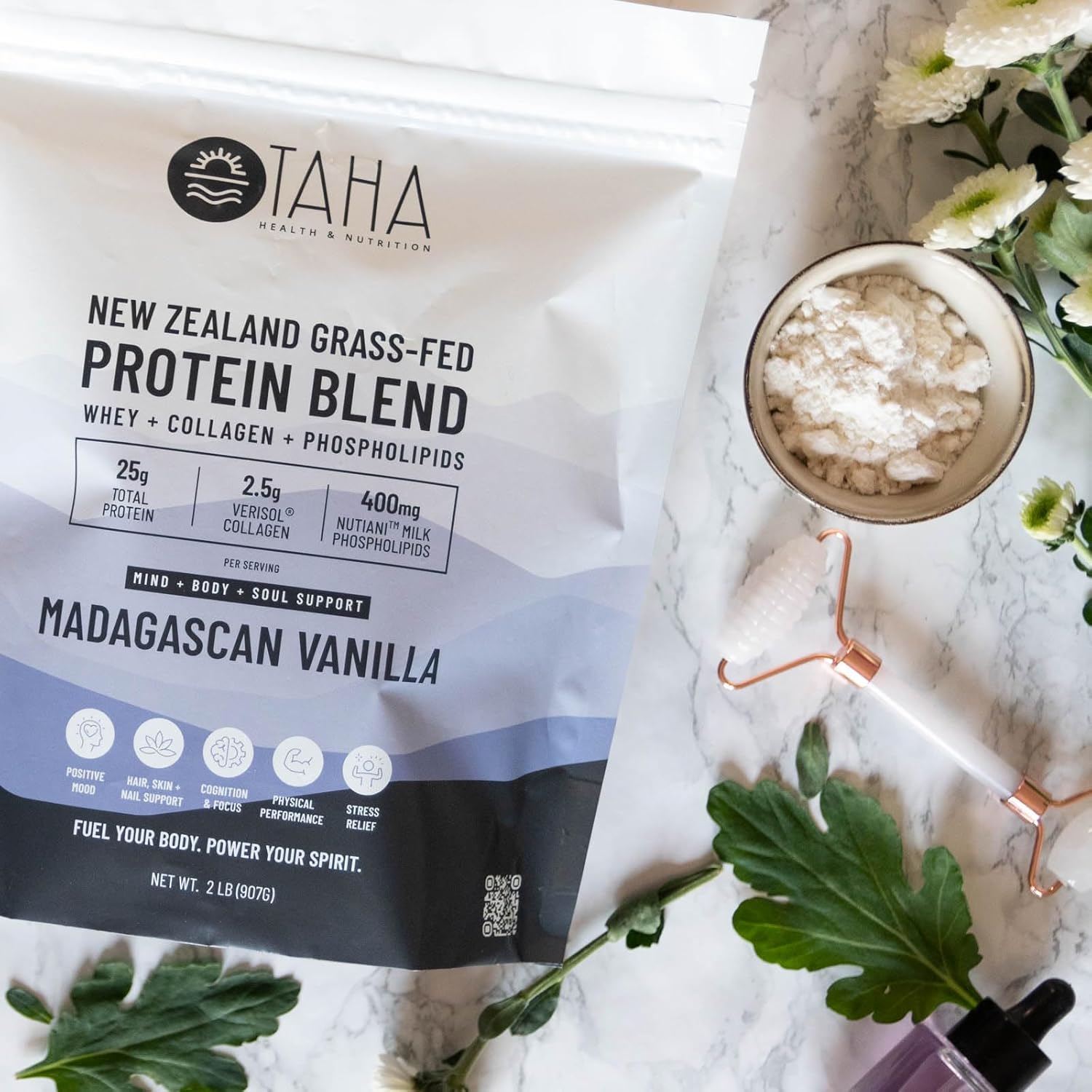 Taha Health & Nutrition Madagascar Vanilla Protein Blend - 25g Protein per Serve, Whey & Collagen, Milk Phospholipids - New Zealand Grass-Fed 2LB