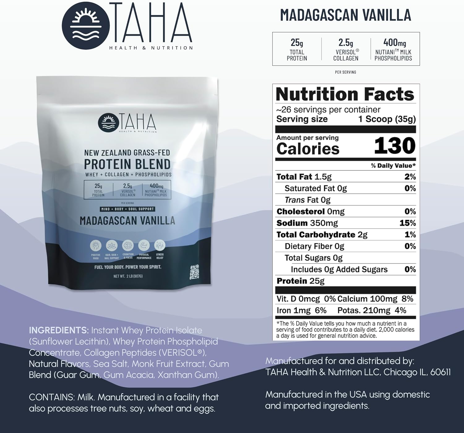 Taha Health & Nutrition Madagascar Vanilla Protein Blend - 25g Protein per Serve, Whey & Collagen, Milk Phospholipids - New Zealand Grass-Fed 2LB
