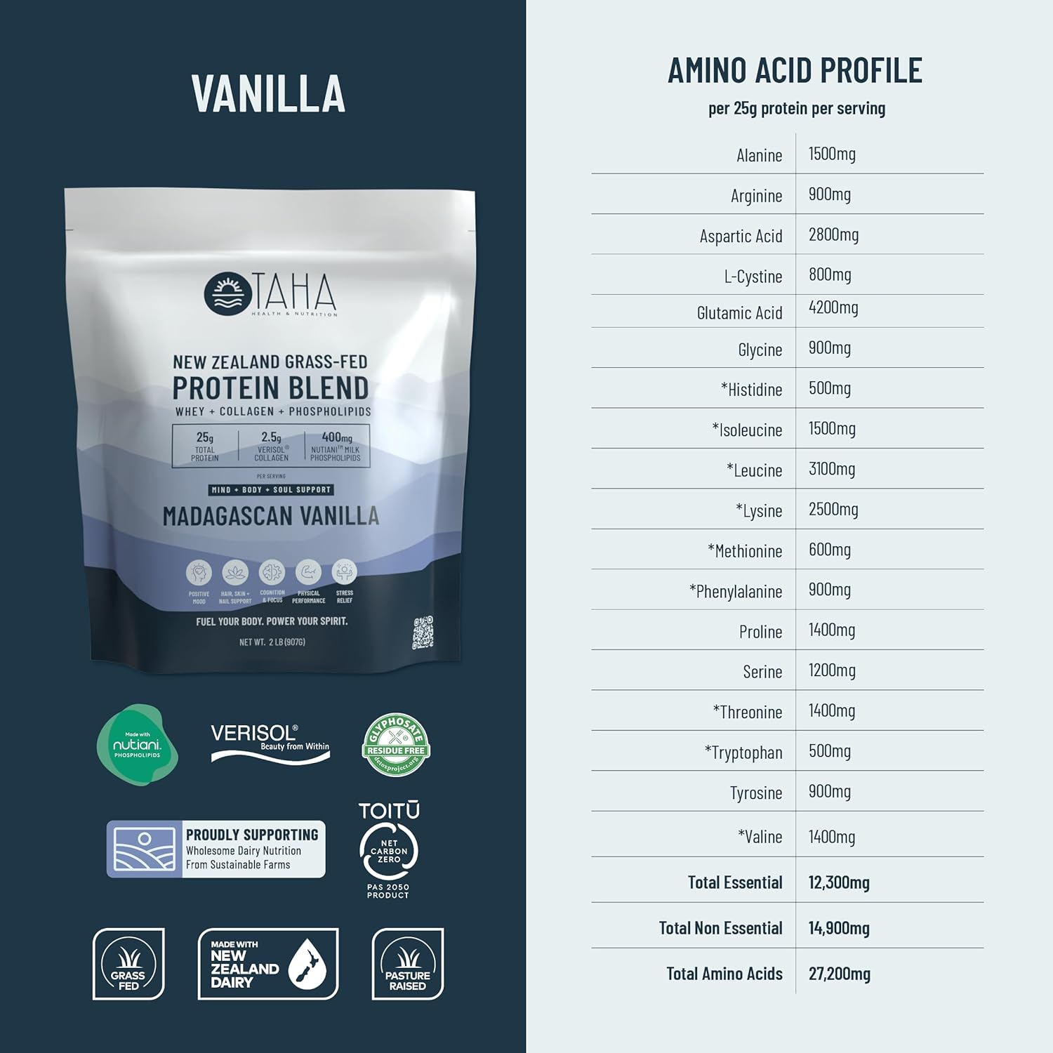 Taha Health & Nutrition Madagascar Vanilla Protein Blend - 25g Protein per Serve, Whey & Collagen, Milk Phospholipids - New Zealand Grass-Fed 2LB