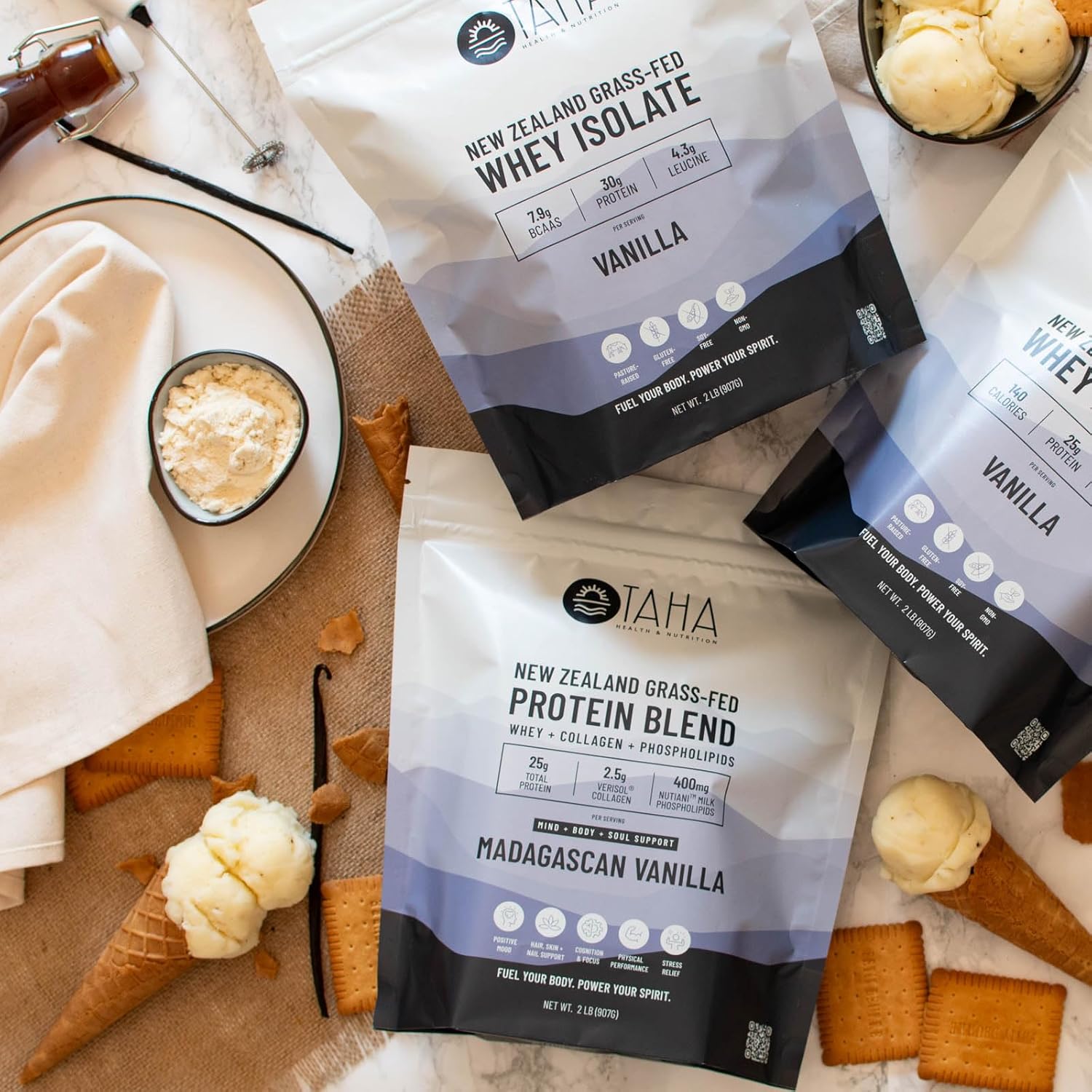 Taha Health & Nutrition Madagascar Vanilla Protein Blend - 25g Protein per Serve, Whey & Collagen, Milk Phospholipids - New Zealand Grass-Fed 2LB