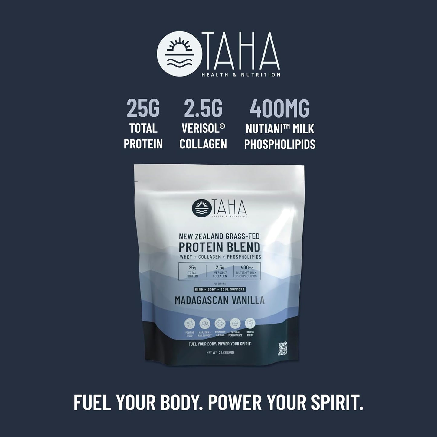 Taha Health & Nutrition Madagascar Vanilla Protein Blend - 25g Protein per Serve, Whey & Collagen, Milk Phospholipids - New Zealand Grass-Fed 2LB