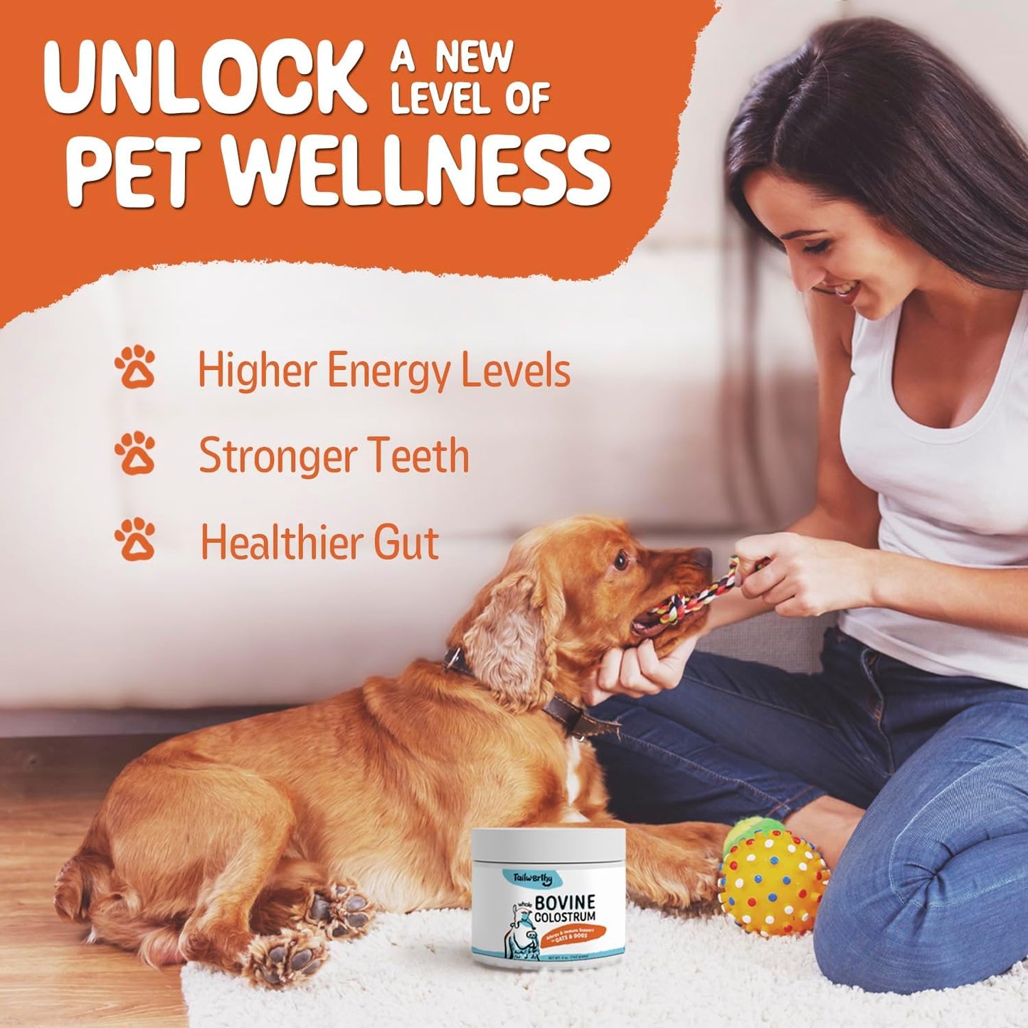 Tailworthy Bovine Colostrum for Pets - Allergy & Immune Support, 60 Servings, Non-GMO & Gluten Free for Energy, Wellness & Digestion