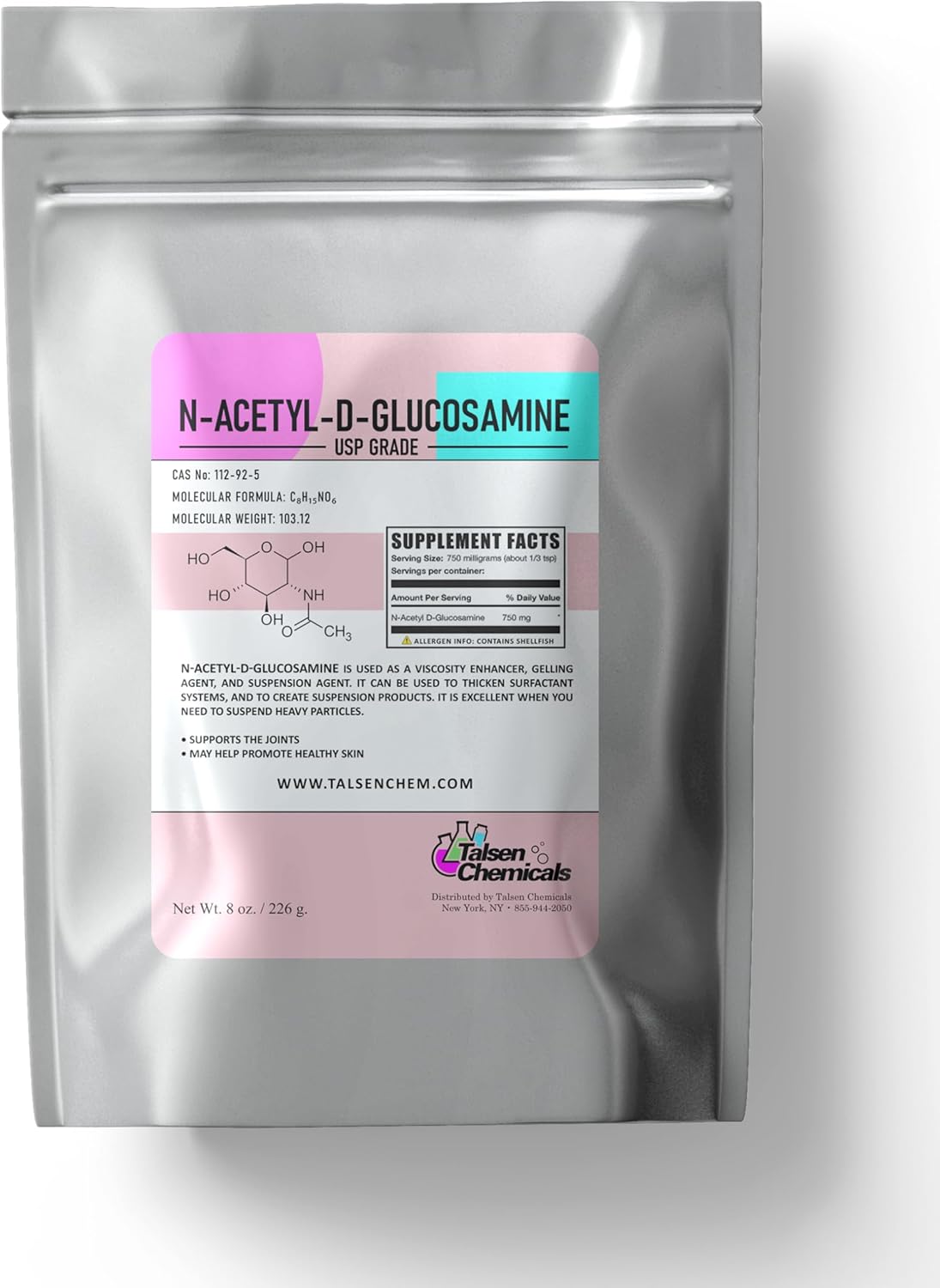 Talsen Chemicals N-Acetyl D-Glucosamine (NAG) Powder for Joint Health and Cartilage Support - 8 oz (226g)