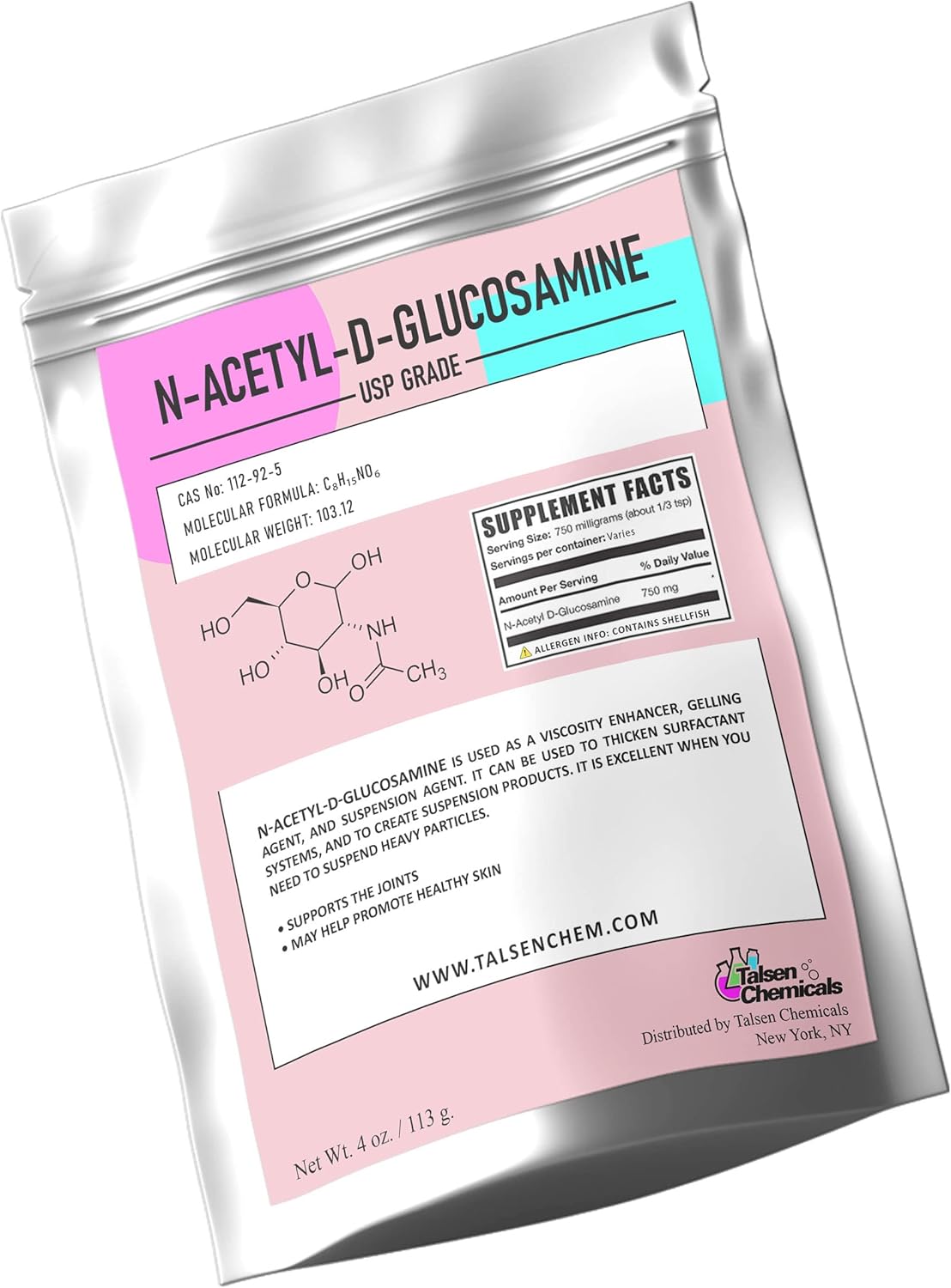 Talsen Chemicals N-Acetyl D-Glucosamine (NAG) Powder for Joint Health and Cartilage Support - 8 oz (226g)