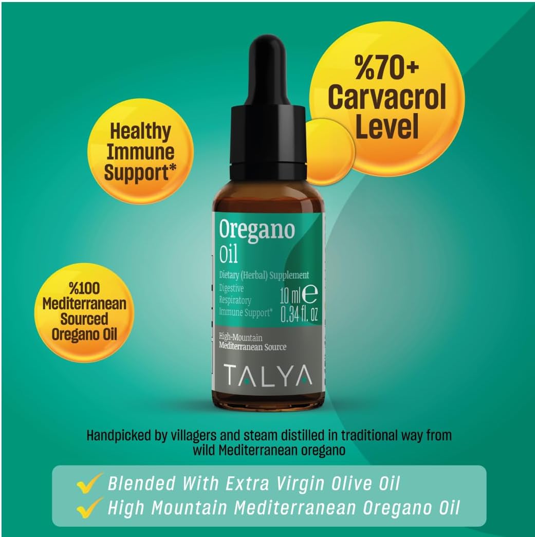 TALYA Oregano Oil Liquid 0.34 fl.oz - Immune Support, High Carvacrol, Digestive Health - Non-GMO, Vegan - Mediterranean Oregano Extract