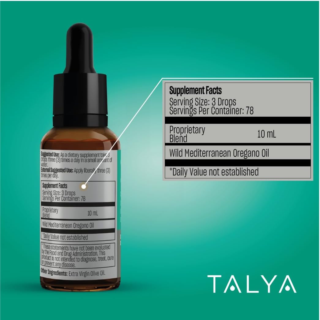 TALYA Oregano Oil Liquid 0.34 fl.oz - Immune Support, High Carvacrol, Digestive Health - Non-GMO, Vegan - Mediterranean Oregano Extract