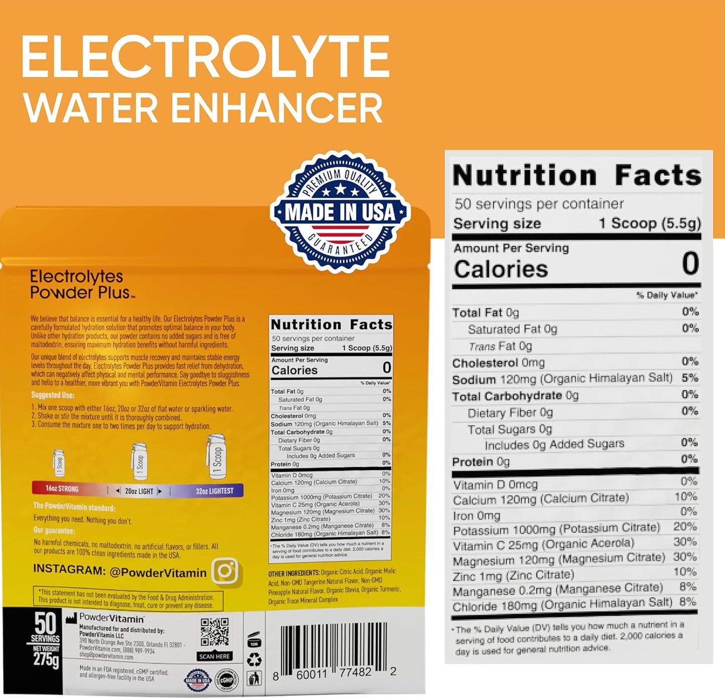 Tangerine Pineapple Electrolyte Powder - 50 Servings, 0 Calorie Keto Hydration Supplement with 1000mg Potassium, 120mg Calcium, 120mg Magnesium