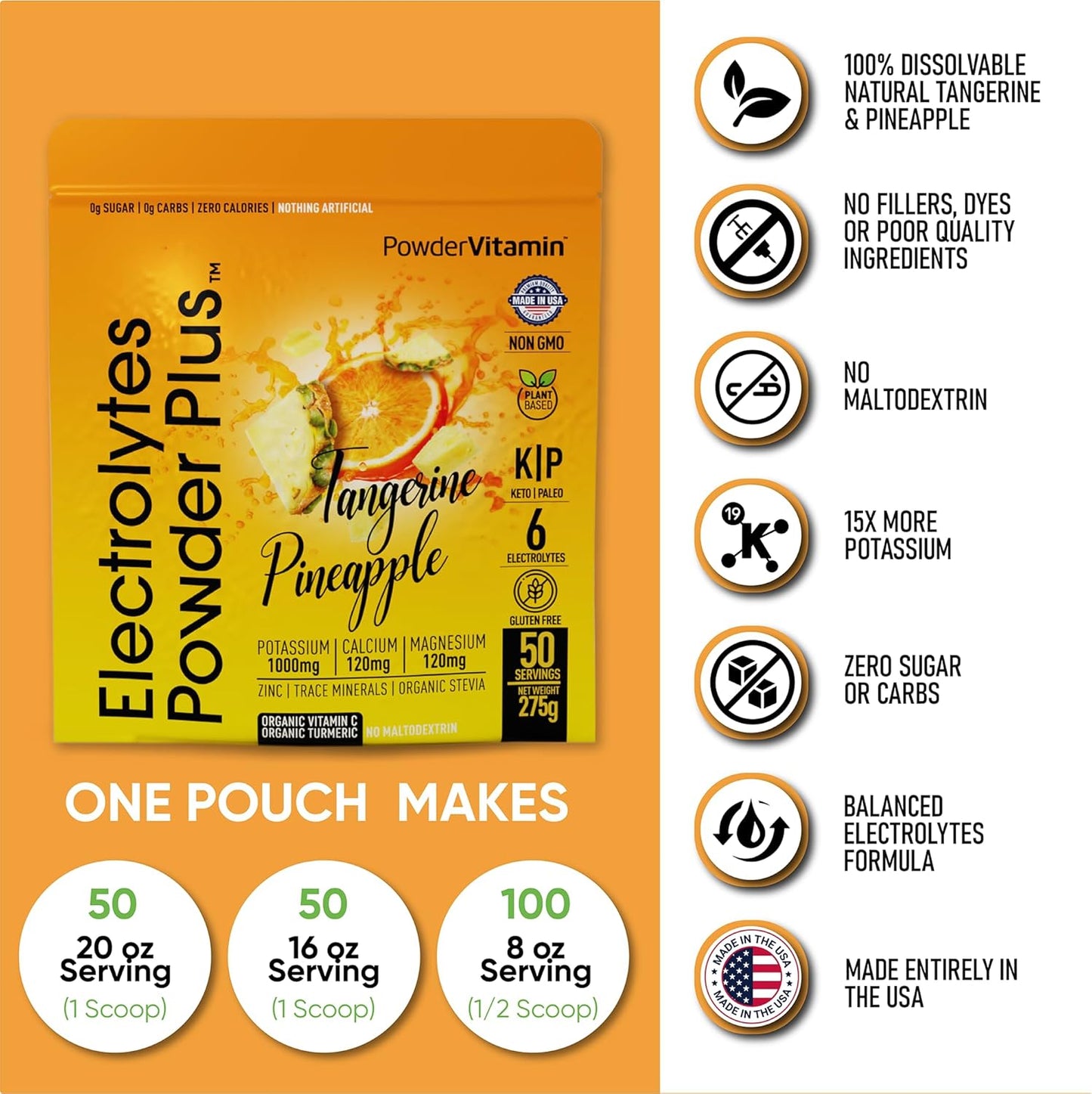 Tangerine Pineapple Electrolyte Powder - 50 Servings, 0 Calorie Keto Hydration Supplement with 1000mg Potassium, 120mg Calcium, 120mg Magnesium