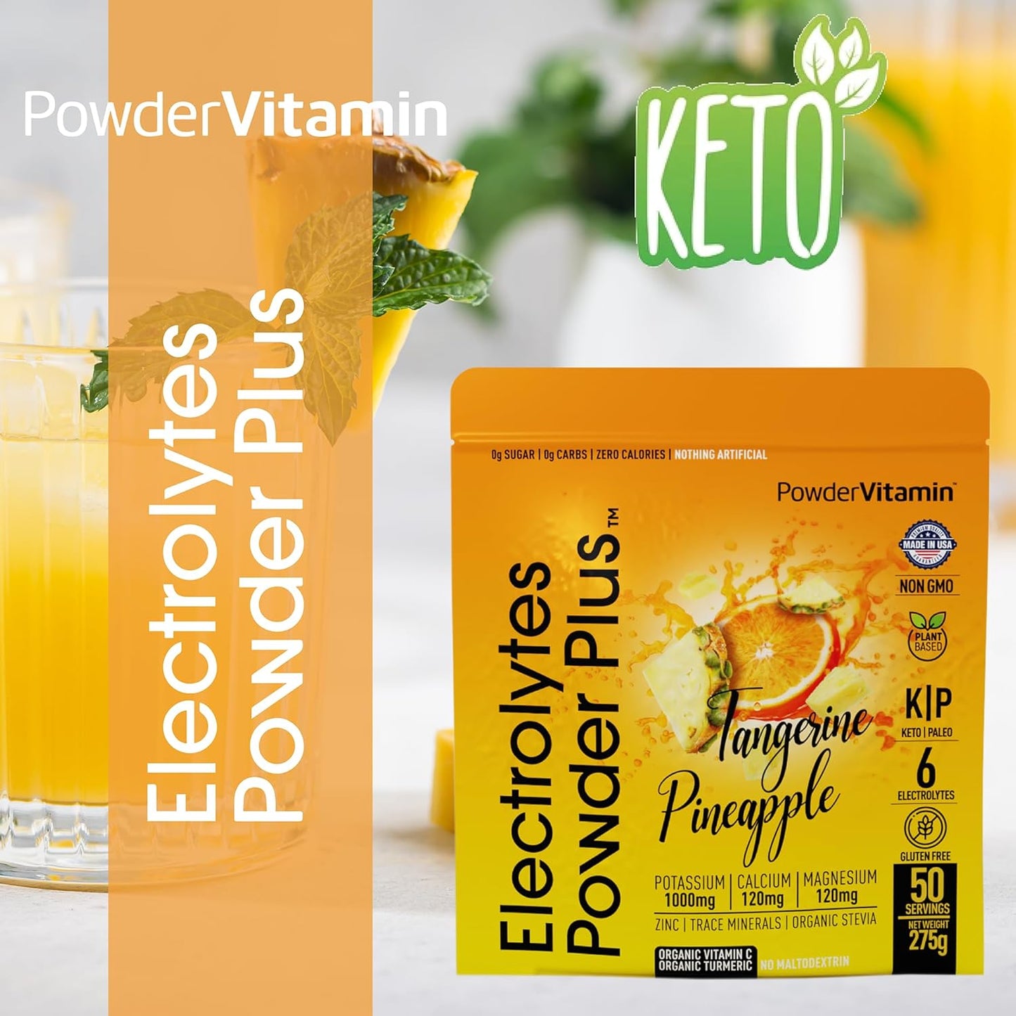 Tangerine Pineapple Electrolyte Powder - 50 Servings, 0 Calorie Keto Hydration Supplement with 1000mg Potassium, 120mg Calcium, 120mg Magnesium