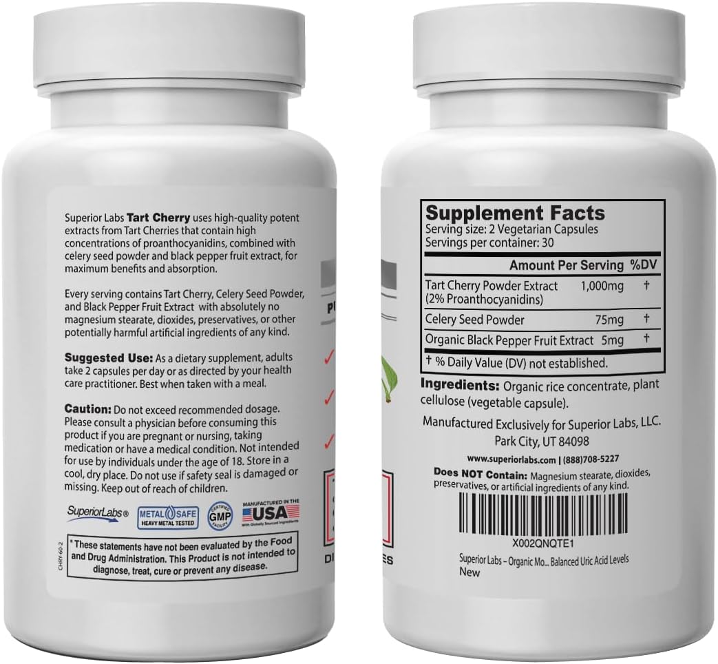Tart Cherry Extract Capsules with Celery Seed & Black Pepper - Supports Healthy Uric Acid Levels - 1000mg, 60 Veg Caps - Superior Labs