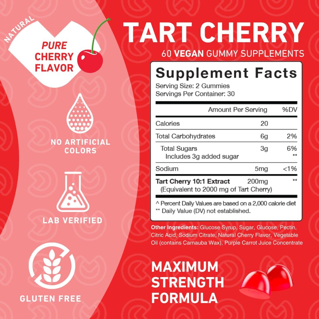 Tart Cherry Gummies for Joint Relief & Recovery - Uric Acid Flush, Antioxidant Rich Raw Juice Extract - Non-GMO, Gluten Free, Vegan - 60 Count