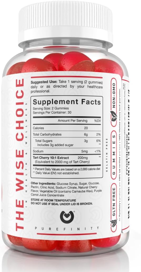Tart Cherry Gummies for Joint Relief & Recovery - Uric Acid Flush, Antioxidant Rich Raw Juice Extract - Non-GMO, Gluten Free, Vegan - 60 Count